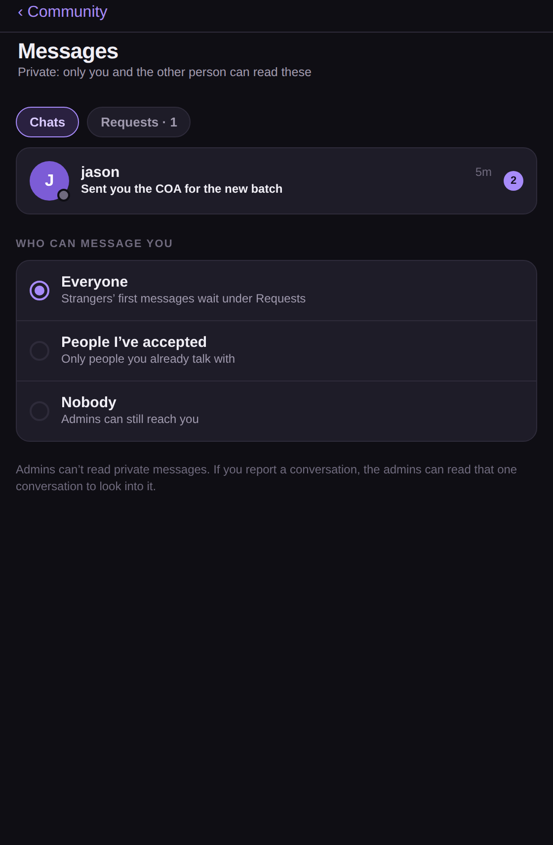 Private messages in Community, with a Requests tab for people you have not talked with