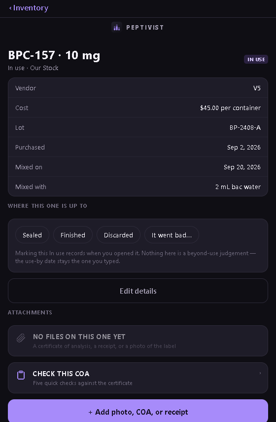 A vial record: every value exactly as it was typed